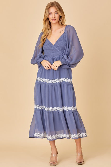 Slate Surplice Maxi Dess With Embroidery Detail