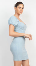 Elasticized Puff Sleeve Denim Dress