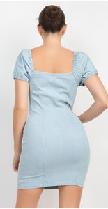 Elasticized Puff Sleeve Denim Dress