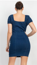 Elasticized Puff Sleeve Denim Dress