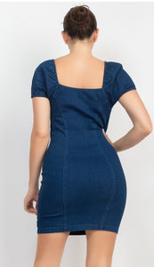 Elasticized Puff Sleeve Denim Dress