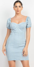 Elasticized Puff Sleeve Denim Dress