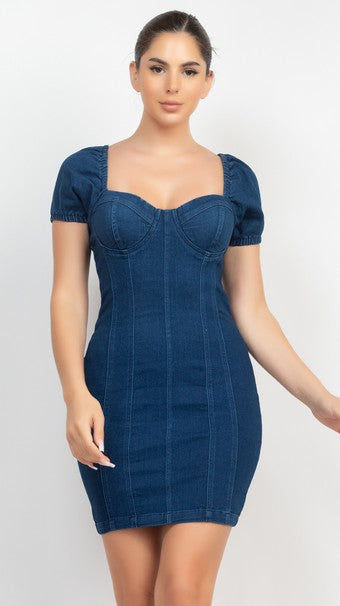 Elasticized Puff Sleeve Denim Dress