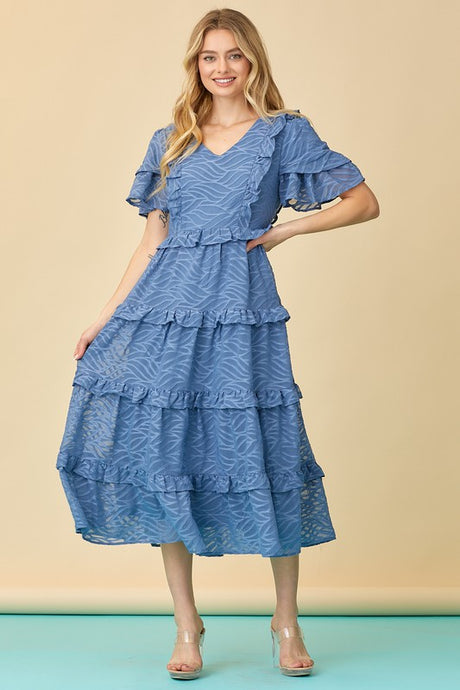 Dusty Blue Tiered Midi Dress