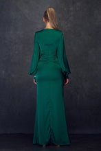 Emerald Green Long Sleeve Satin Dress With Front Tie