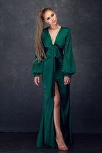 Emerald Green Long Sleeve Satin Dress With Front Tie