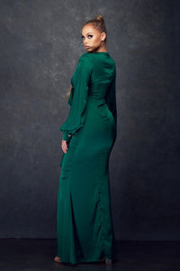 Emerald Green Long Sleeve Satin Dress With Front Tie