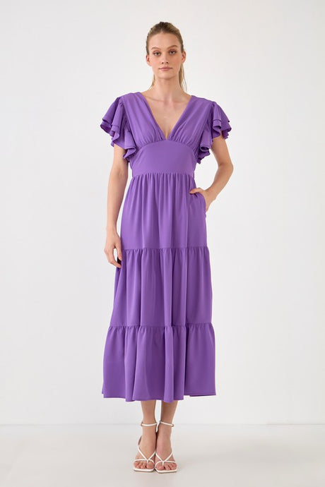 Purple Back Cut-out with Elastic Detail Midi Dress