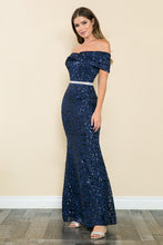 Navy Blue Shoulder Sheer Paisley Sequin Formal Dress