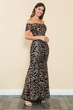 Black/Gold Off Shoulder Sheer Paisley Sequin Formal Dress