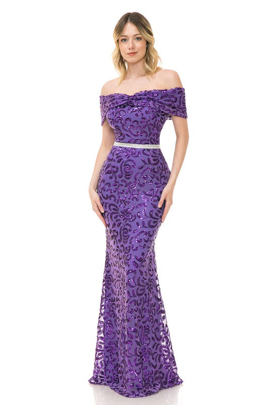 Purple Shoulder Sheer Paisley Sequin Formal Dress