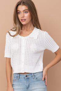 White Scallop Edge Collar Short Sleeve Cardigan