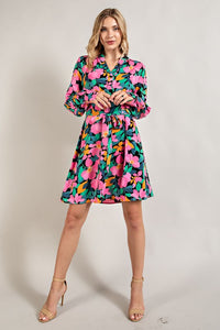 Black Multi Printed V Neck Dress With Self Tie Belt