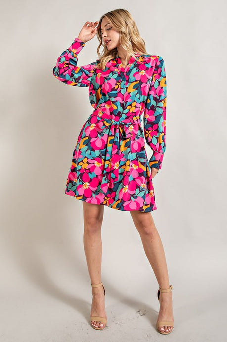 Plum Multi Printed V Neck Dress With Self Tie Belt