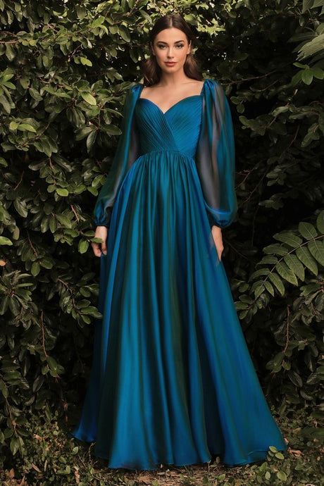Peacock Flower Fairy Satin Long Sleeve Evening Dress