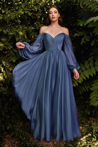 Smoky Blue Flower Fairy Satin Long Sleeve Evening Dress
