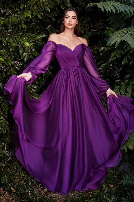 Amethyst Flower Fairy Satin Long Sleeve Evening Dress