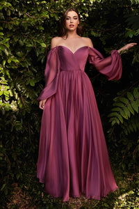 Rouge Flower Fairy Satin Long Sleeve Evening Dress