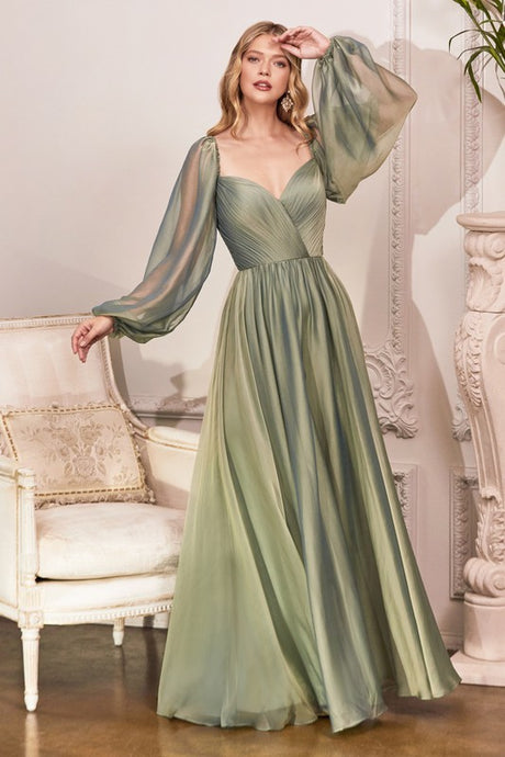 Sage Flower Fairy Satin Long Sleeve Evening Dress