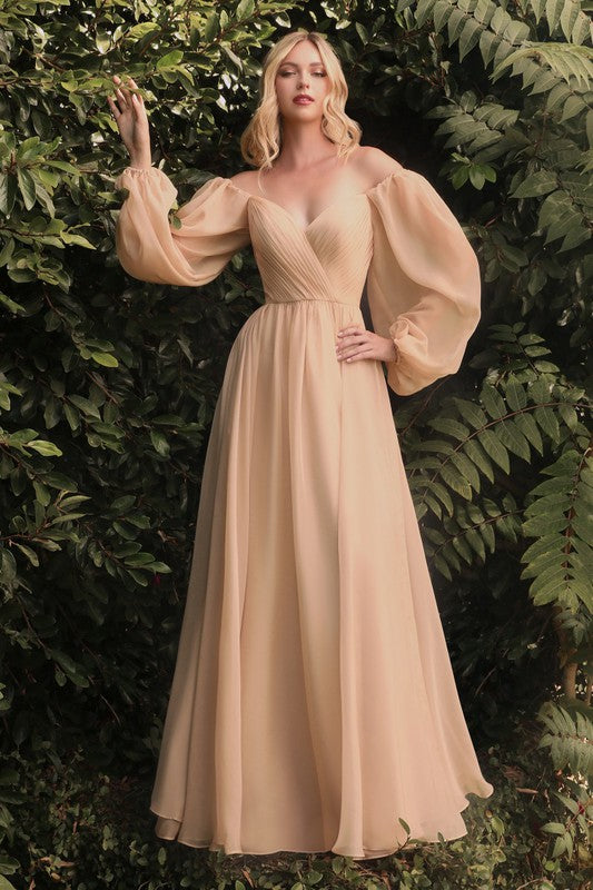 Champagne Flower Fairy Satin Long Sleeve Evening Dress