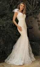 Off White Feather Sleeve V Neck Backless Mermaid Wedding Dress