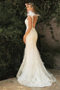 Off White Feather Sleeve V Neck Backless Mermaid Wedding Dress