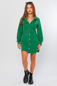 Green Long Sleeve Corduroy Utility Dress
