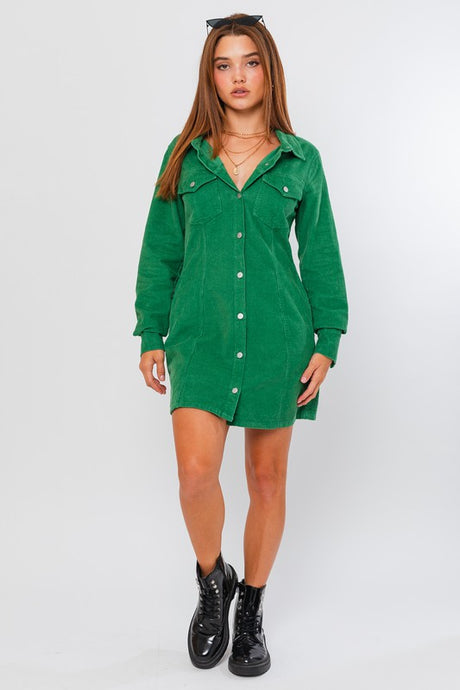 Green Long Sleeve Corduroy Utility Dress