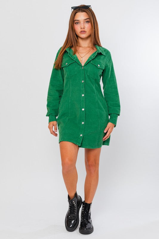Green Long Sleeve Corduroy Utility Dress
