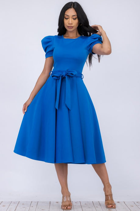 Royal Blue Puff Sleeve Midi Cocktail Dress
