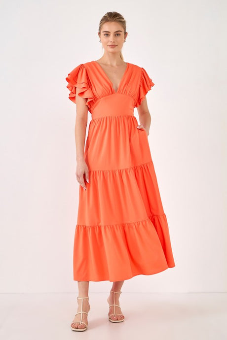 Orange Back Cut-out with Elastic Detail Midi Dress