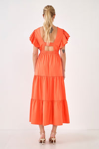 Orange Back Cut-out with Elastic Detail Midi Dress