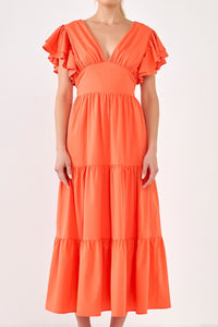 Orange Back Cut-out with Elastic Detail Midi Dress