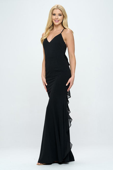 Black Ruffle Bow Strap Maxi Dress Gown