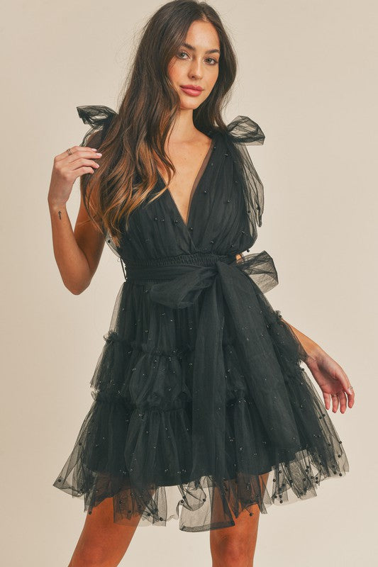 black mesh tulle dress Black Pearl Stud Mesh Tulle Tiered Mini Dress – Aquarius Brand
