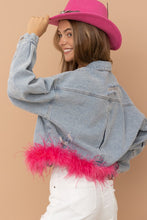 Hot Pink Denim Oversized Fur Crop Denim Jacket