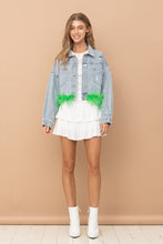 Green Denim Oversized Fur Crop Denim Jacket