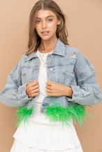 Green Denim Oversized Fur Crop Denim Jacket