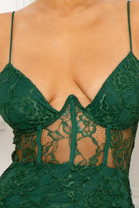 Hunter Green See Through Lace Bustier Top Mini Dress