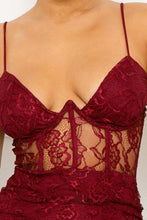 Burgundy See Through Lace Bustier Top Mini Dress