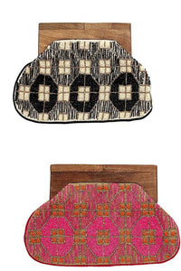 Seed Bead Pattern Wood Top Fashion Clutch Bag