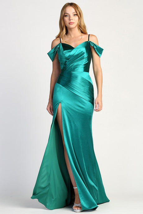 Emerald One-shoulder Suspender Satin Slit Long Evening Dress