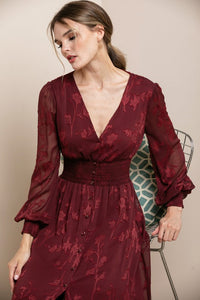 Dark Red Burn Out Floral Shaped High-low Maxi Dress