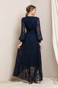Navy Blue Burn Out Floral Shaped High-low Maxi Dress