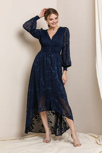 Navy Blue Burn Out Floral Shaped High-low Maxi Dress