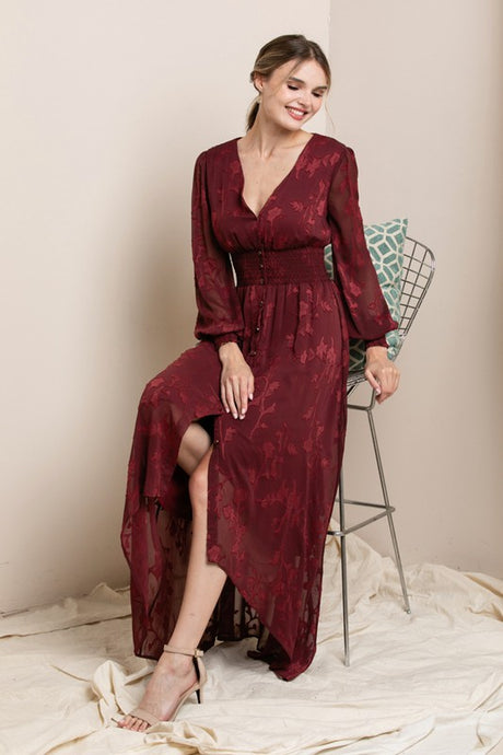 Dark Red Burn Out Floral Shaped High-low Maxi Dress