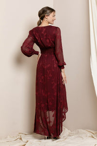 Dark Red Burn Out Floral Shaped High-low Maxi Dress