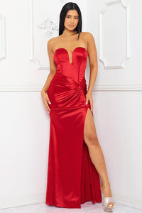 Red Satin Round Sweetheart Maxi Dress
