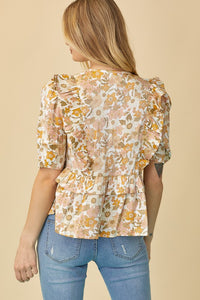 Ivory/Yellow V-neck Top With Ruffle Detail