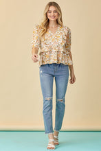 Ivory/Yellow V-neck Top With Ruffle Detail